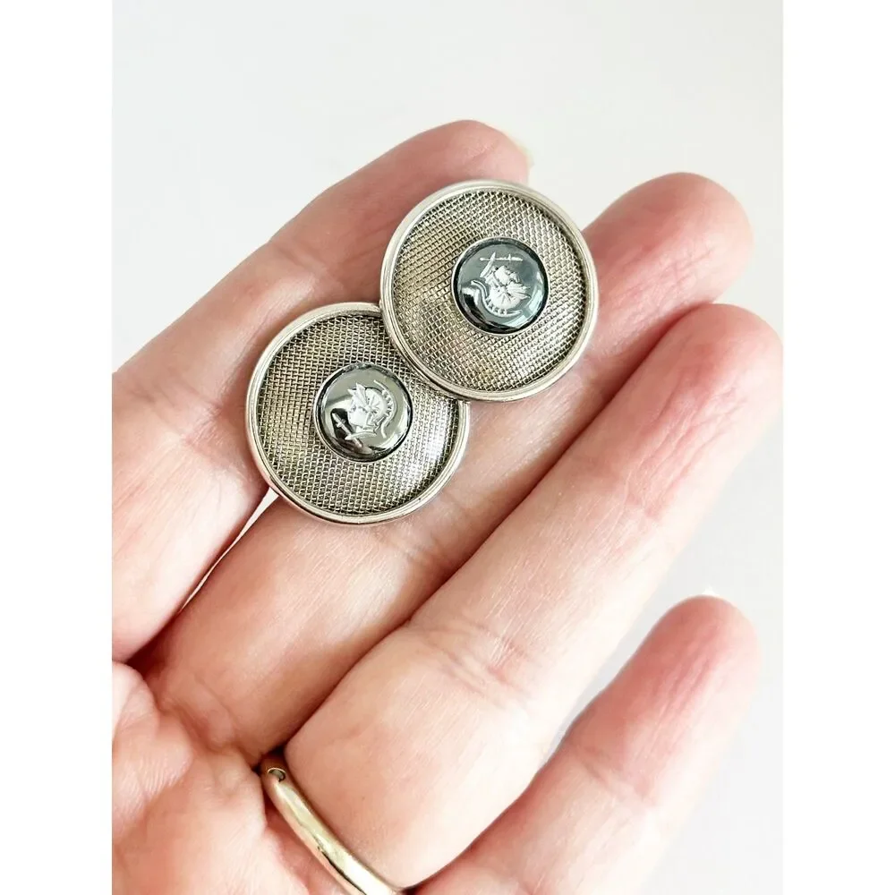 Vintage Silver Tone Hematite Roman Soldier Cufflinks Round